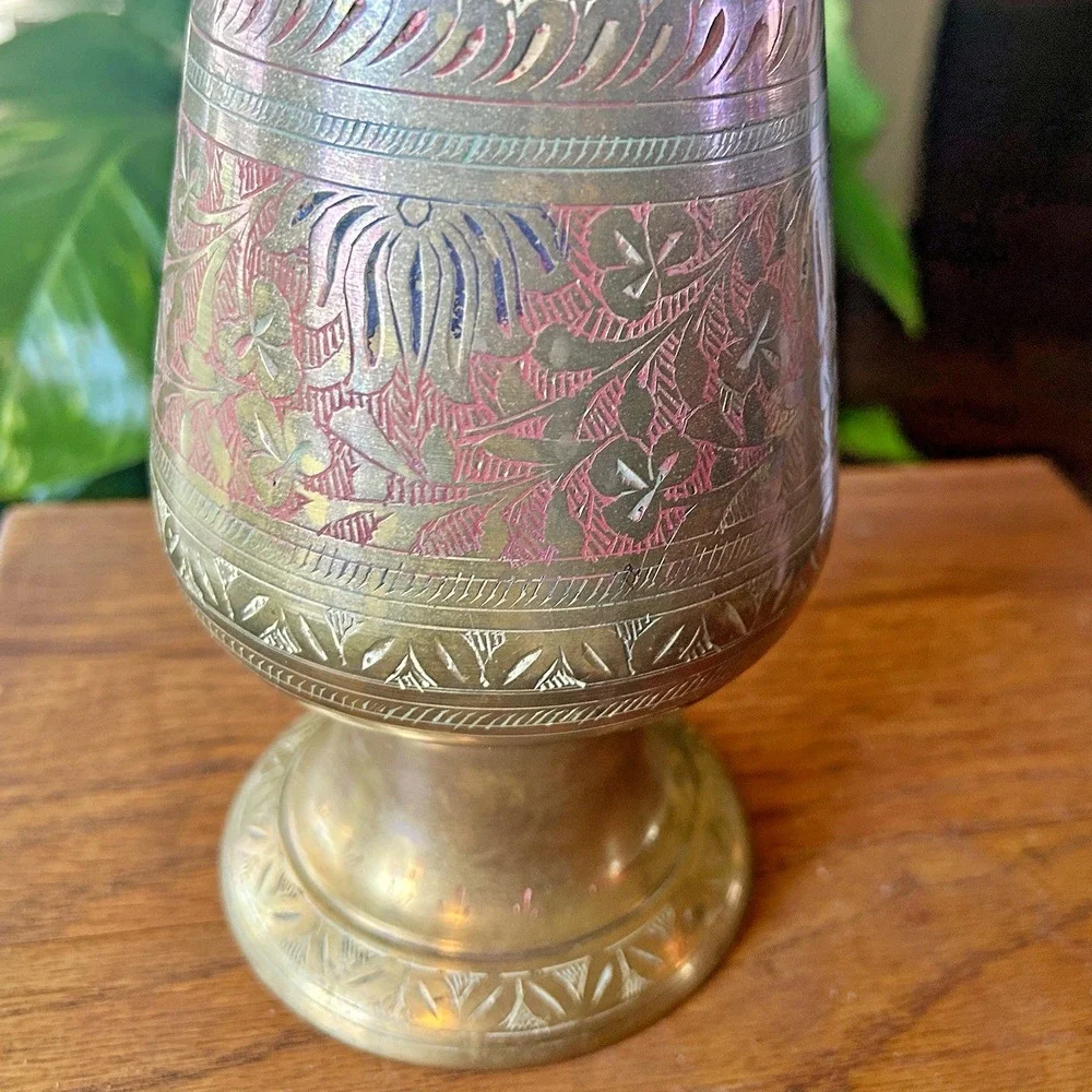 VTG Etched 14 inch Indian Brass Vase Colored Inlay Botanical Pattern Boho MCM